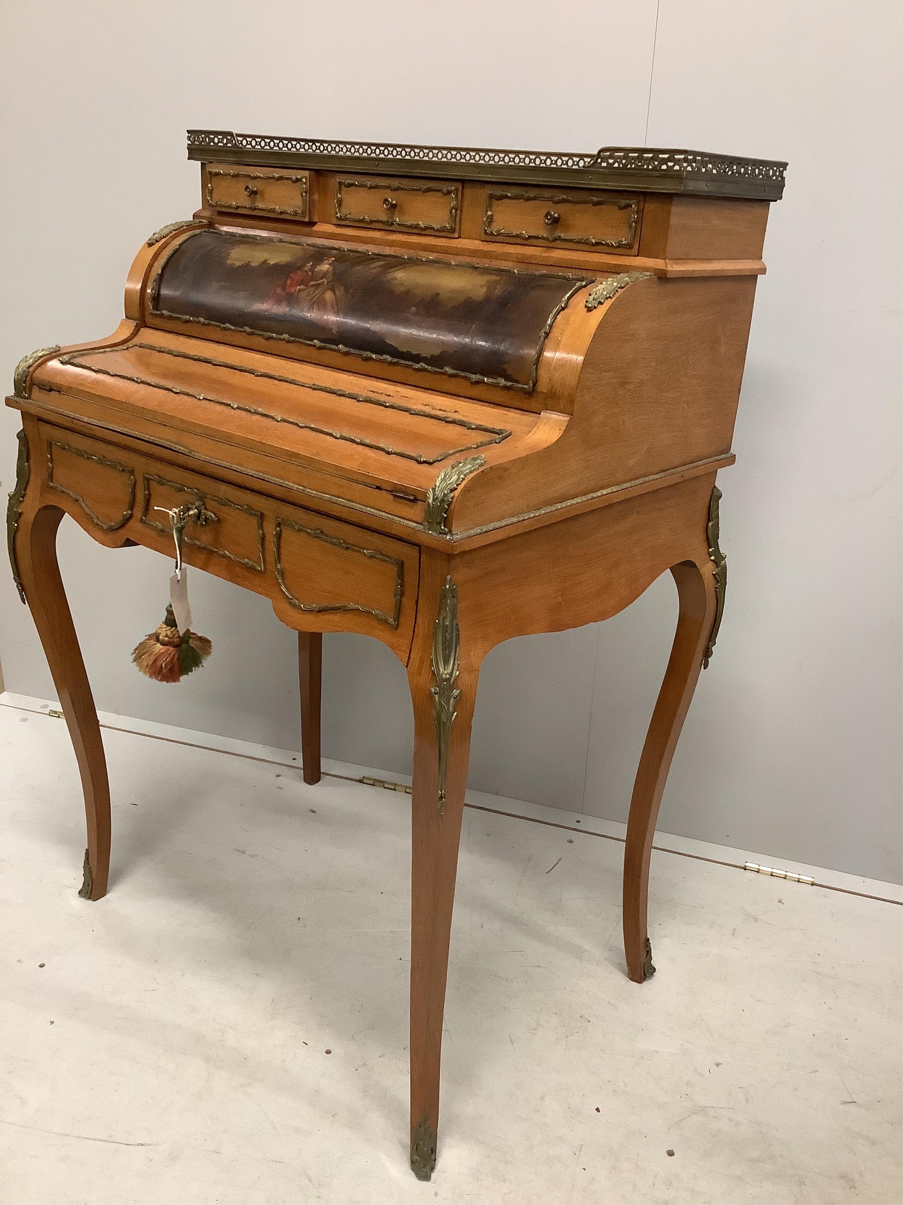 A reproduction Vernis Martin style gilt metal mounted mahogany bonheur du jour, width 76cm, depth 53cm, height 108cm. Condition - fair to good